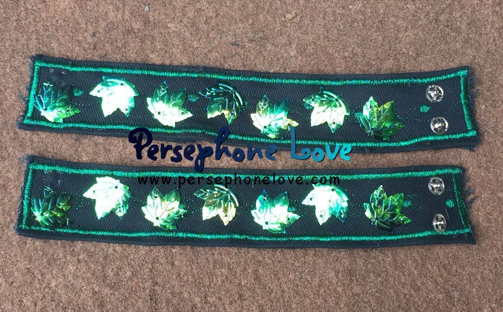 TWO green embroidered maple leaf sequins upcycled hippie festival denim bracelets
