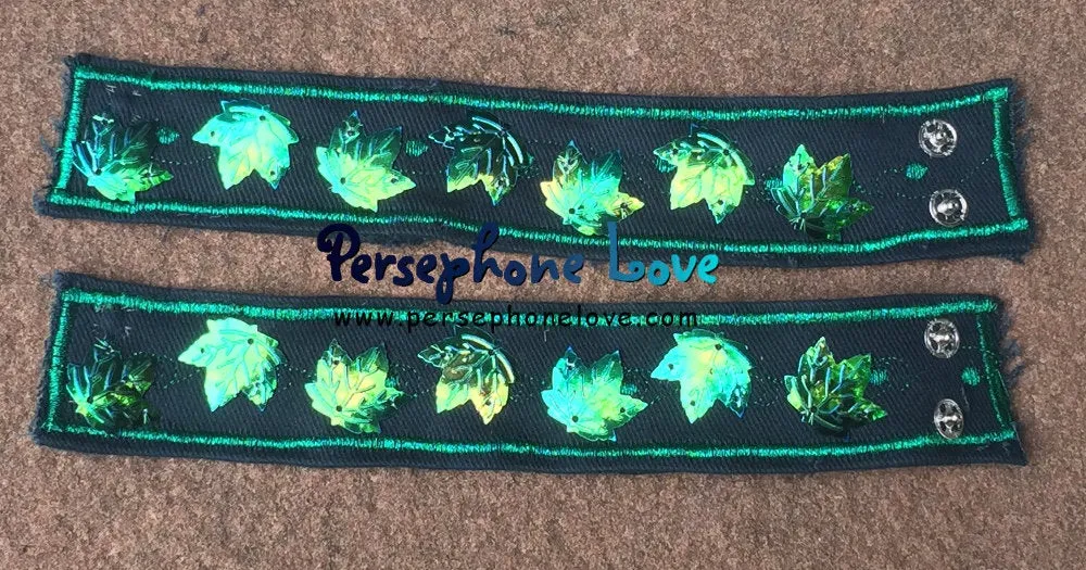 TWO green embroidered maple leaf sequins upcycled hippie festival denim bracelets