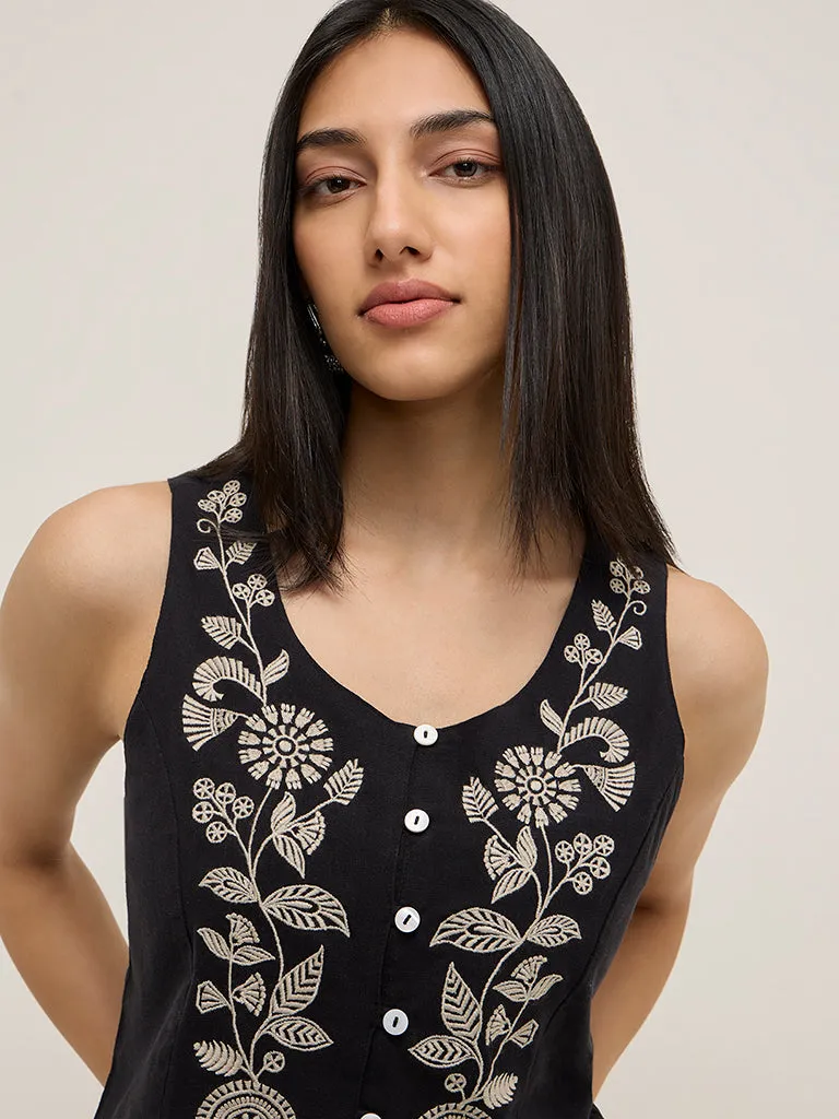 Utsa Black Floral Embroidered Waistcoat-Style Cotton Blend Top