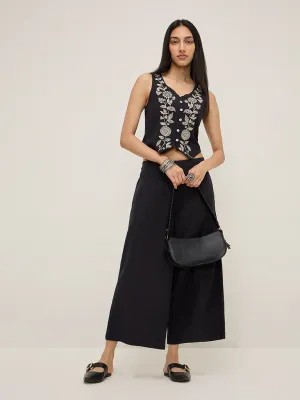Utsa Black Floral Embroidered Waistcoat-Style Cotton Blend Top