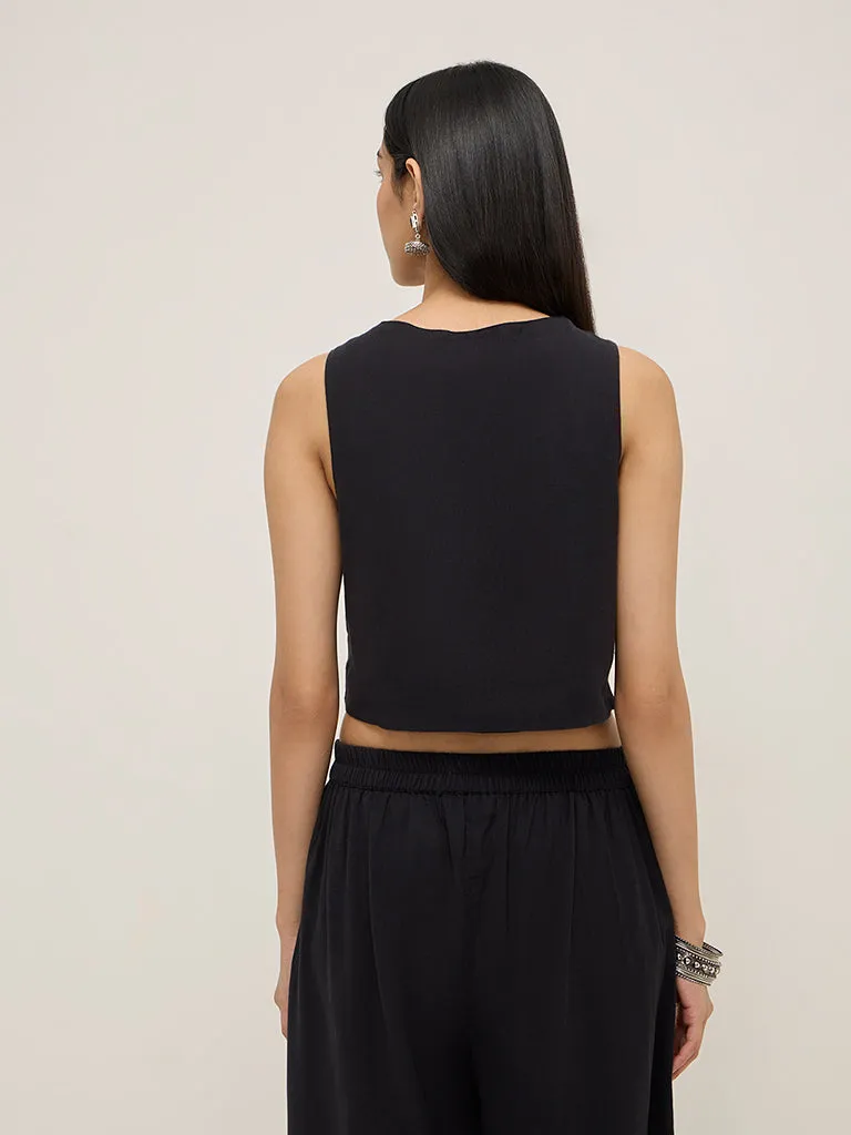 Utsa Black Floral Embroidered Waistcoat-Style Cotton Blend Top