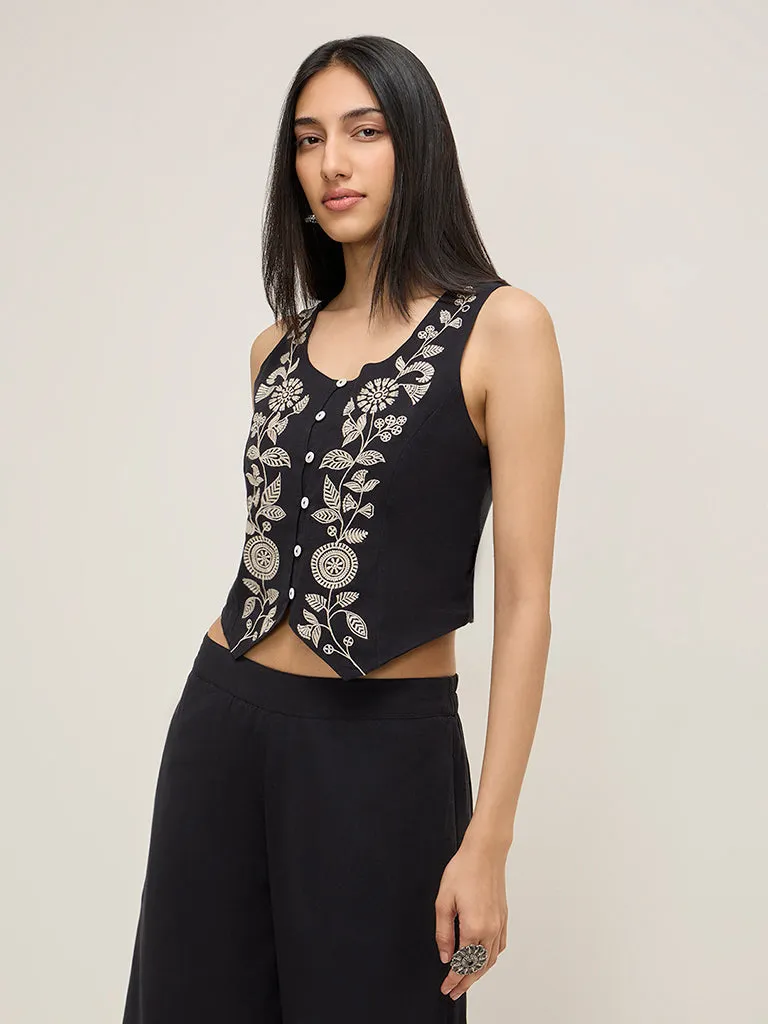 Utsa Black Floral Embroidered Waistcoat-Style Cotton Blend Top