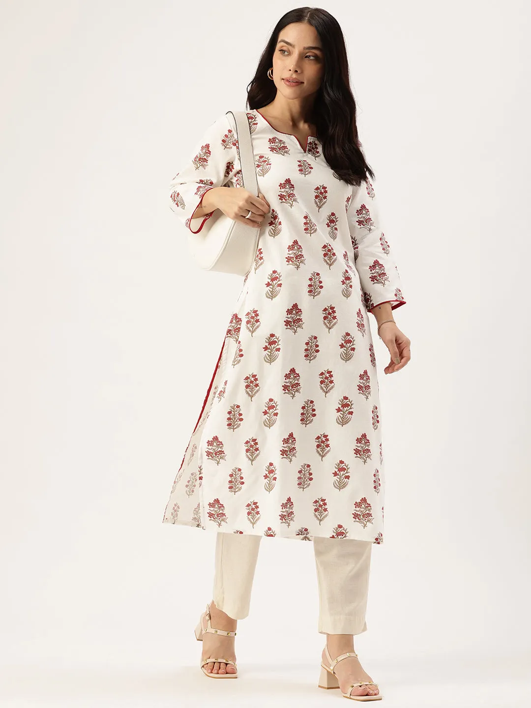 White Floral Printed Indie Pure Cotton Kurta