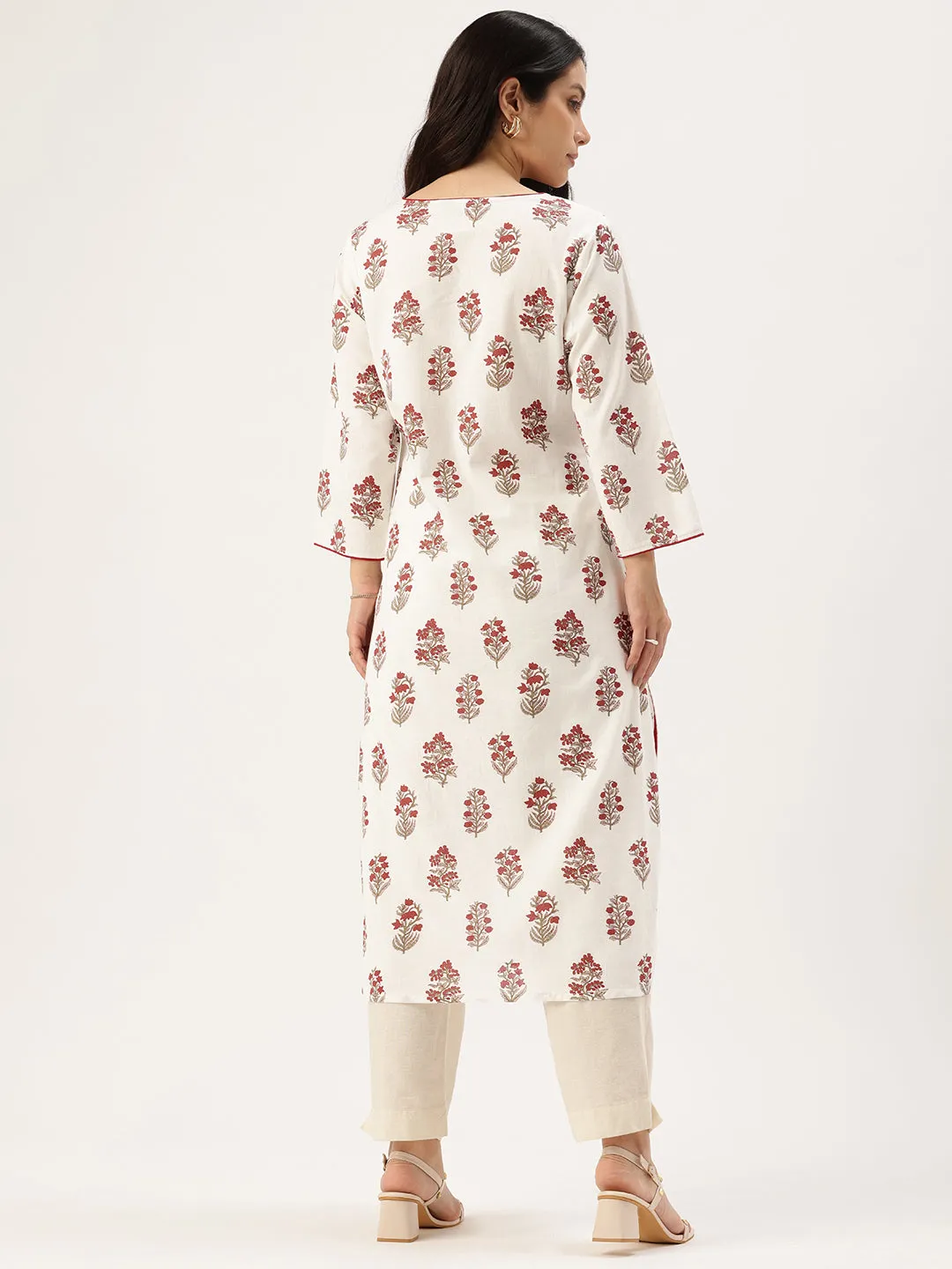 White Floral Printed Indie Pure Cotton Kurta