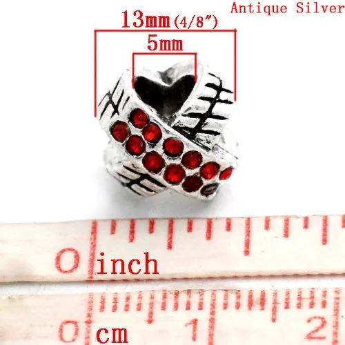 X Design W/ruby Red July Birthstone  Crystals Charm European Bead Compatible for Most European Snake Chain Bracelet